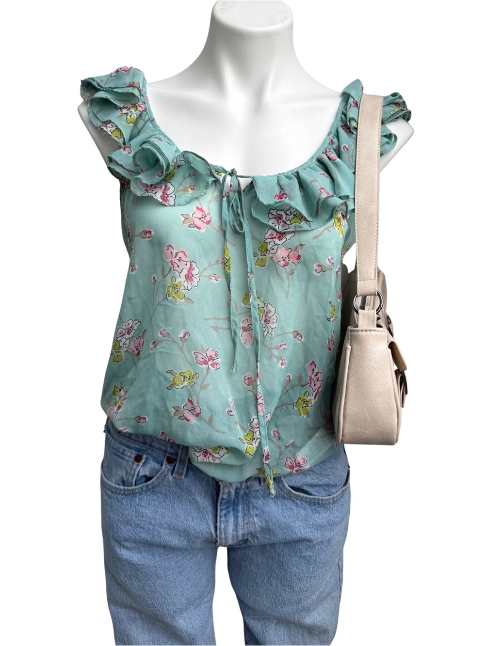 Floral Ruffle-Trim Mint Green Women's Tank Top